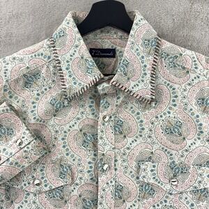 7 Diamonds Western Snap Shirt Mens XL Cream‎ Teal Pink Paisley Long Sleeve